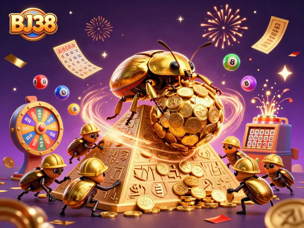 Engage in thrilling gaming excitement with BJ38 as golden beetles and casino symbols create a vibrant scene.