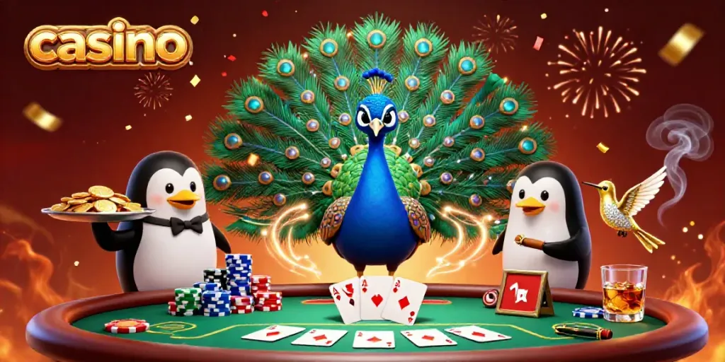 Engaging casino illustration featuring a vibrant peacock and animated characters, showcasing a festive gambling ambiance.