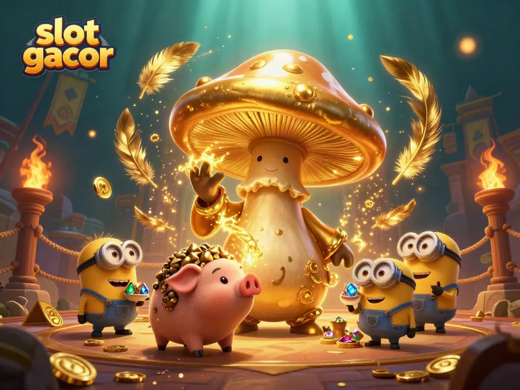 Experience slot gacor magic with a golden mushroom wizard and treasures in this vibrant casino scene.