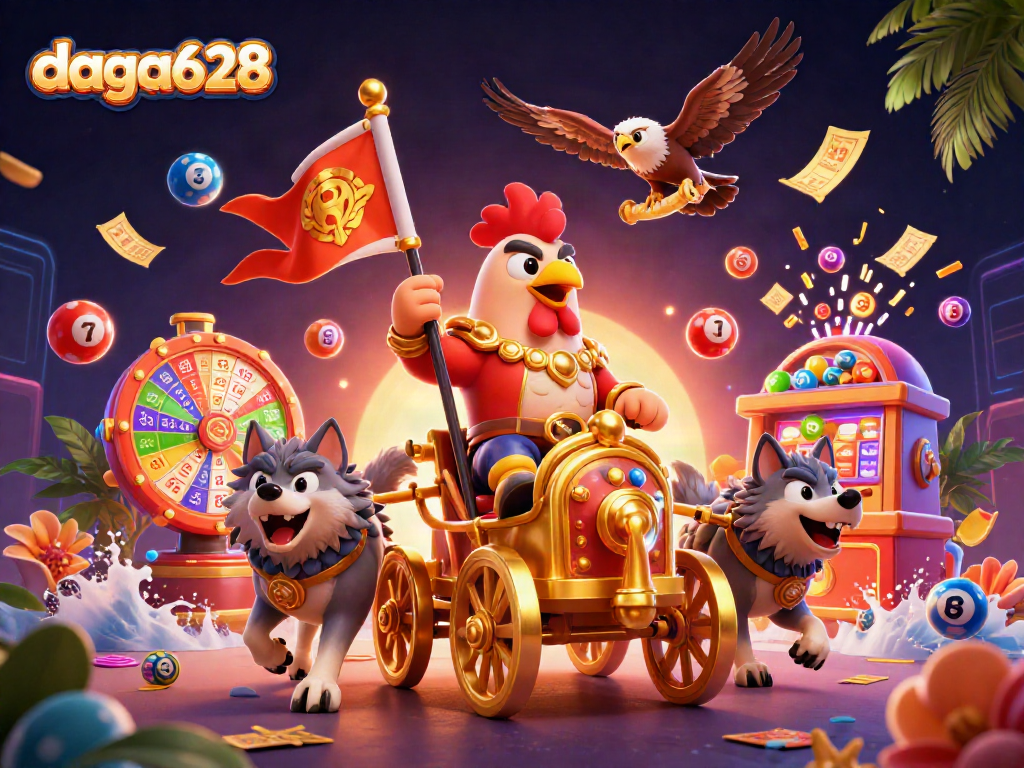 daga628 shows a dynamic rooster warlord in an exciting 3D casino scene filled with lottery and gaming elements