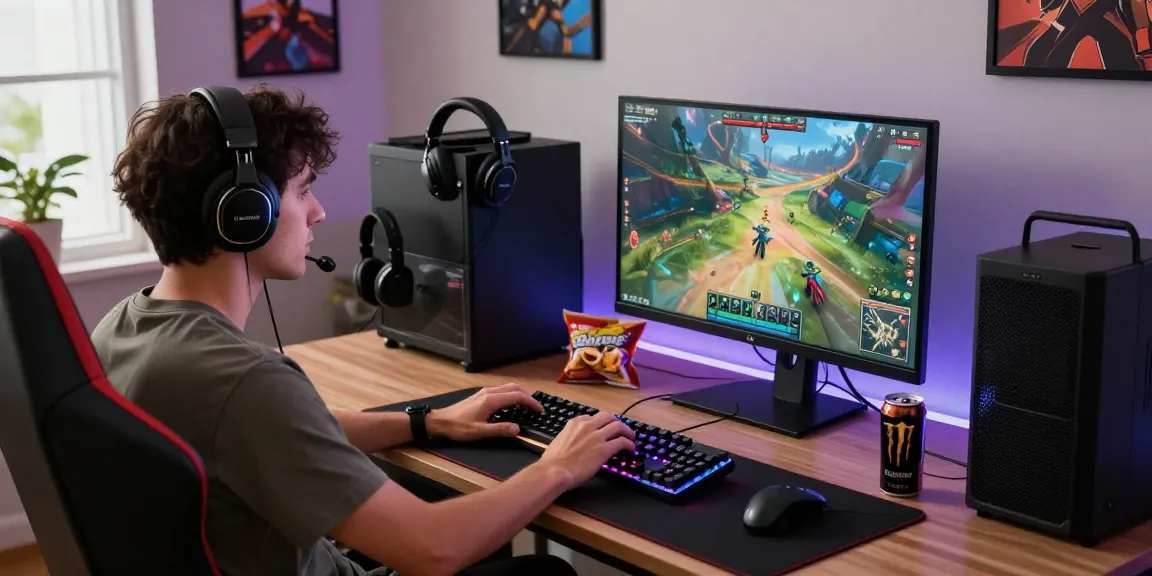 Gamer using ROKOK88 wireless keyboard and headset in a stylish workspace.