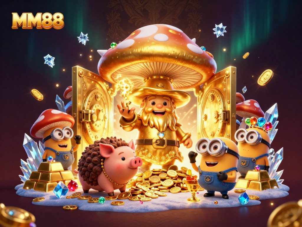 Experience the delight of MM88 with vibrant characters in a luxurious casino scene filled with treasures.