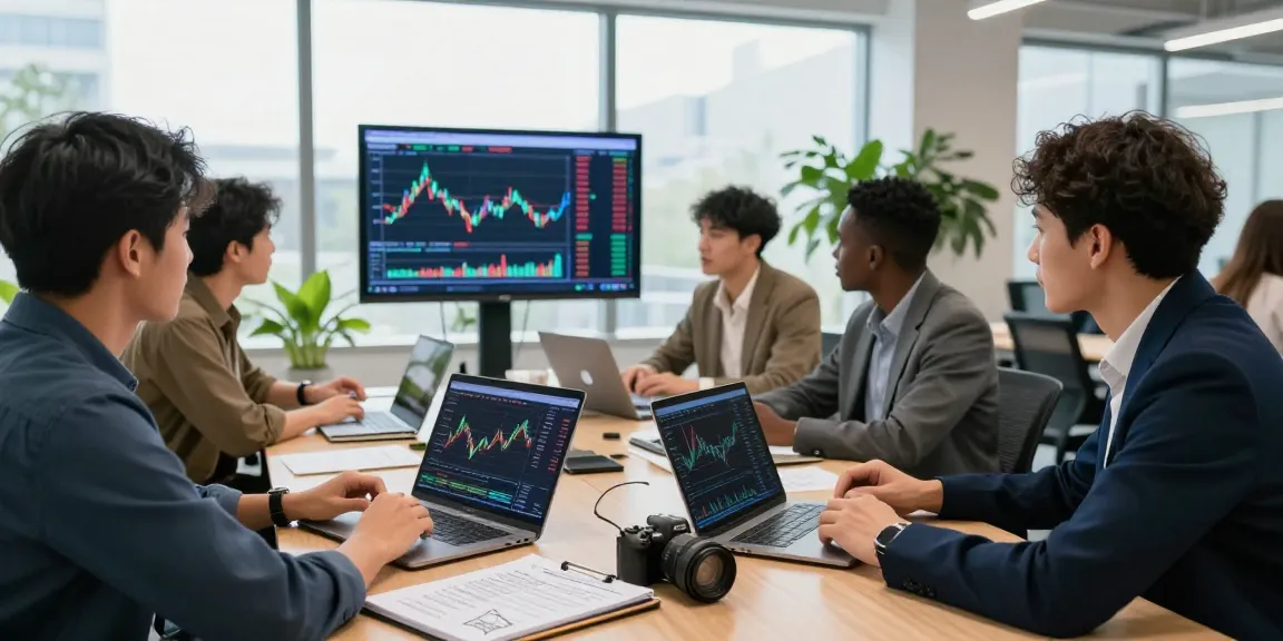 Collaborative investment team discussing strategies to buy in BRICS crypto in a modern workspace.