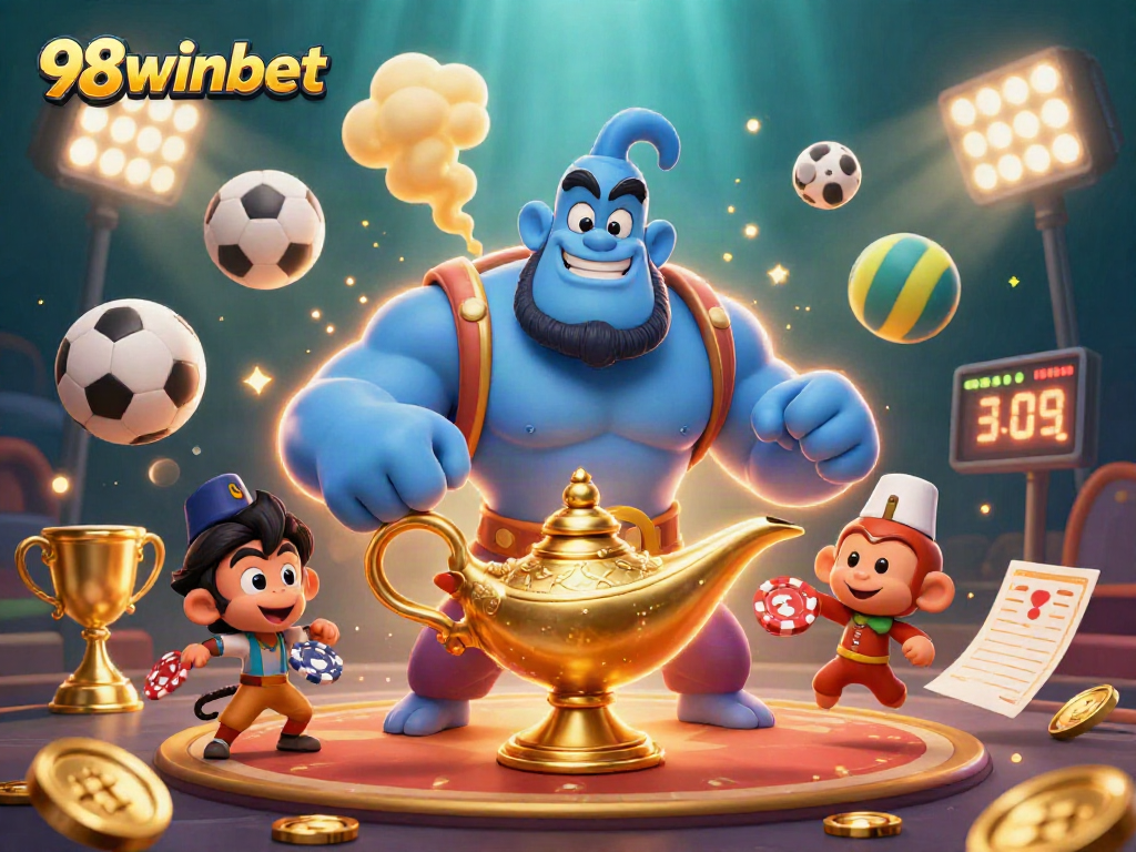 Engage with thrilling betting action at 98winbet featuring a genie, monkey, and gold coins.