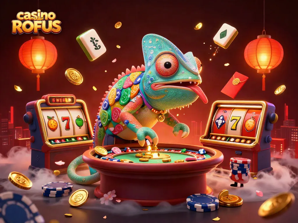 Experience the thrill of casino uden ROFUS with a vibrant chameleon casino illustration amidst dynamic game elements.