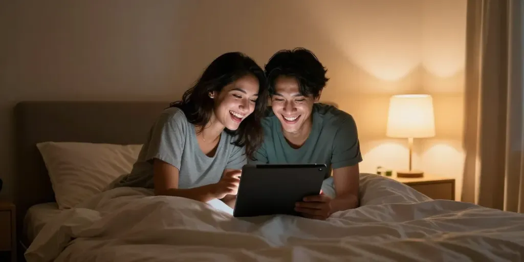 Engaging in playful ai sex chat in a cozy bedroom.