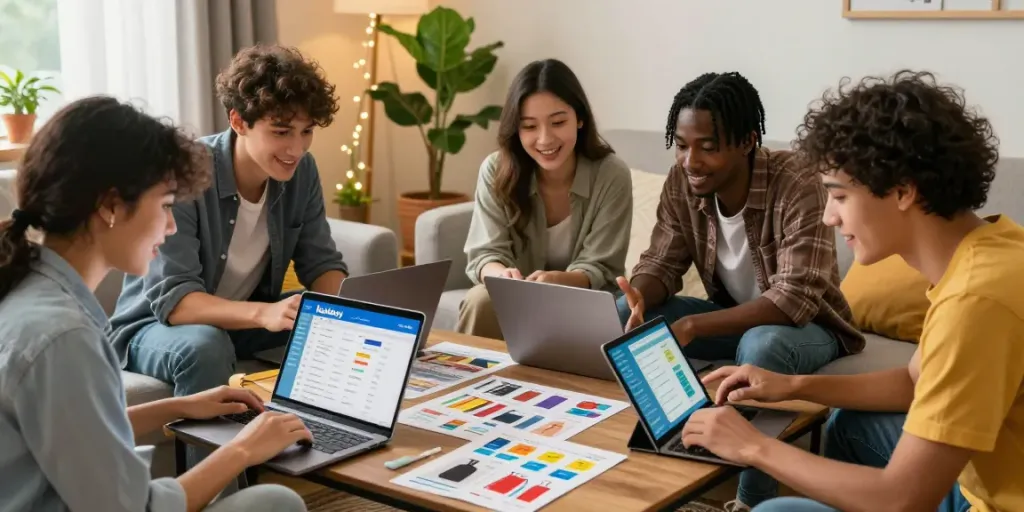 Diverse group collaborating on kakobuy spreadsheet 2026 in a cozy home setting, showcasing vibrant e-commerce shopping experience.
