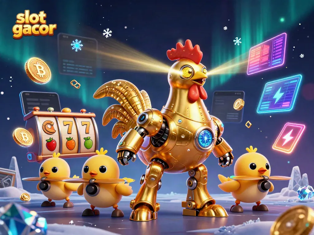 Engage with slot gacor excitement featuring a golden rooster robot and dynamic game elements in a vibrant casino scene.