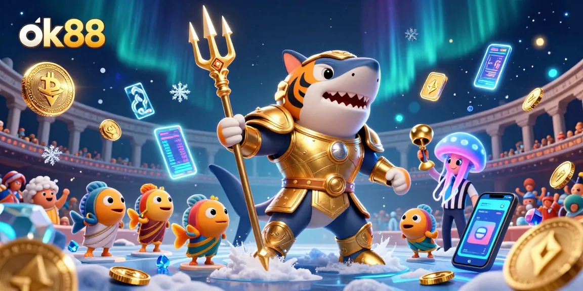 Engage with the ok88 underwater casino world showcasing a fierce tiger shark and crypto elements.