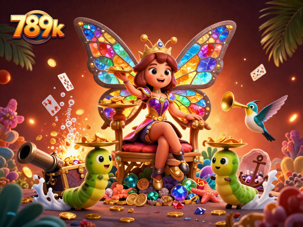 Win big at 789k with dynamic 3D casino art featuring vibrant butterfly queen and treasures.