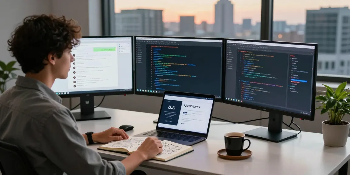 Professional workspace showcasing ChatGPT alternatives with screens reflecting innovative AI tools and programming code.