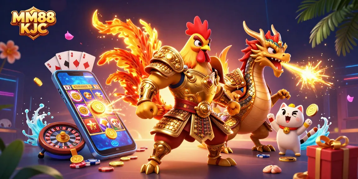 Experience dynamic gaming with MM88 KJC featuring a fighting rooster and dragon in a vibrant casino illustration.