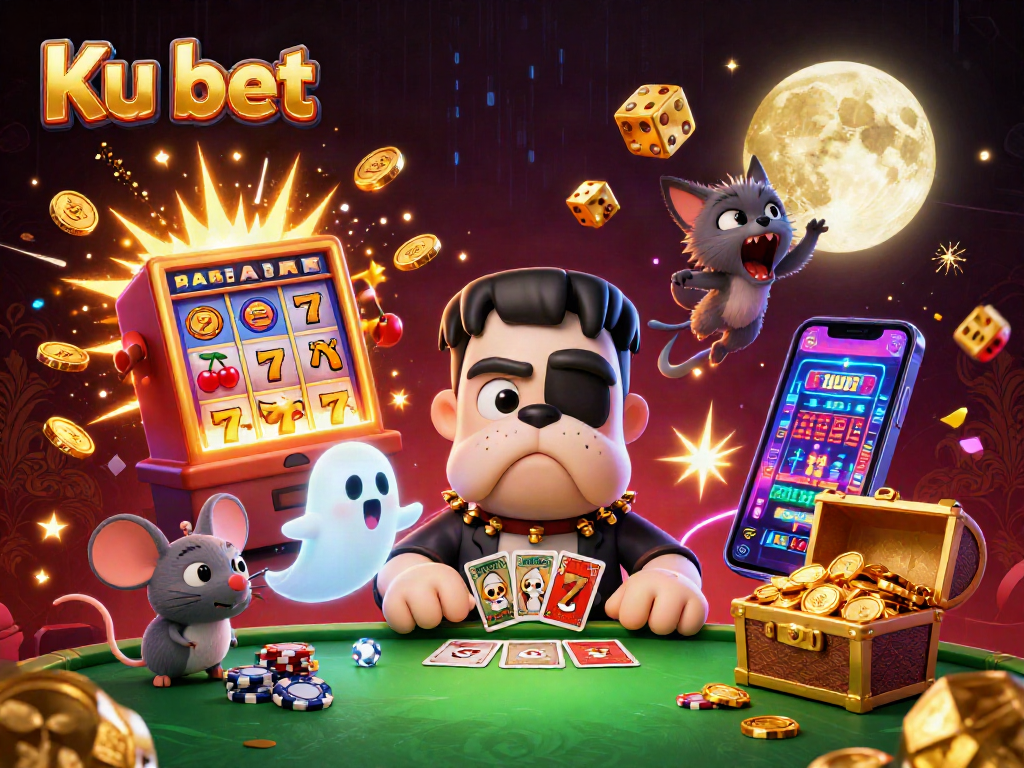 Ku bet visualizes a vibrant casino scene with characters engaging in card dealing amidst thrilling slot machine bursts.