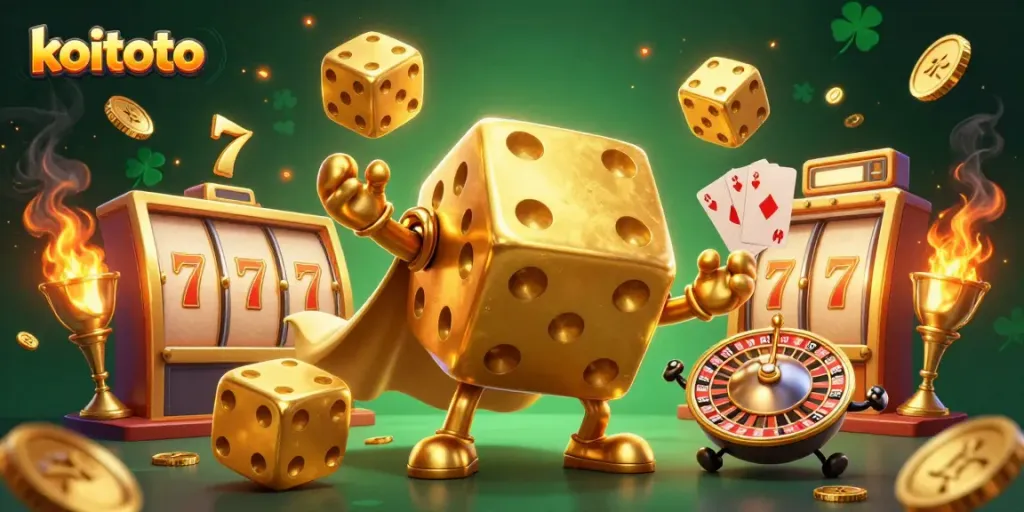 Spin to win at koitoto with golden dice, slot reels, and a vibrant casino atmosphere.