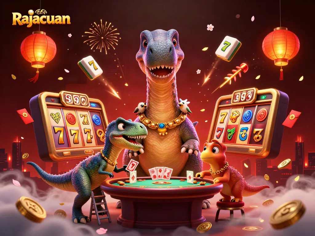 Engage in thrilling gameplay at Rajacuan with a vibrant 3D casino illustration featuring dynamic action.