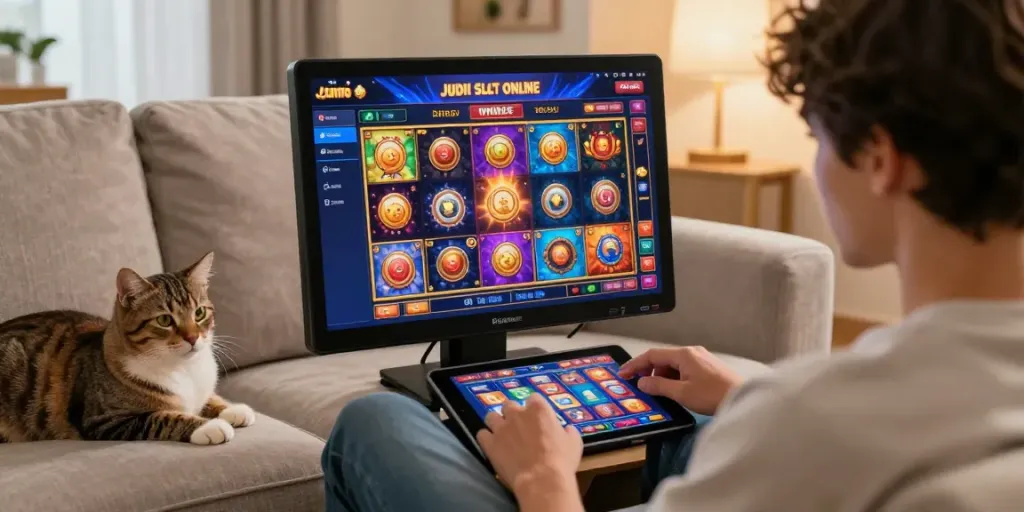 Engaging judi slot online gameplay scene with a player interacting with colorful slot graphics on a tablet in a cozy home setting.