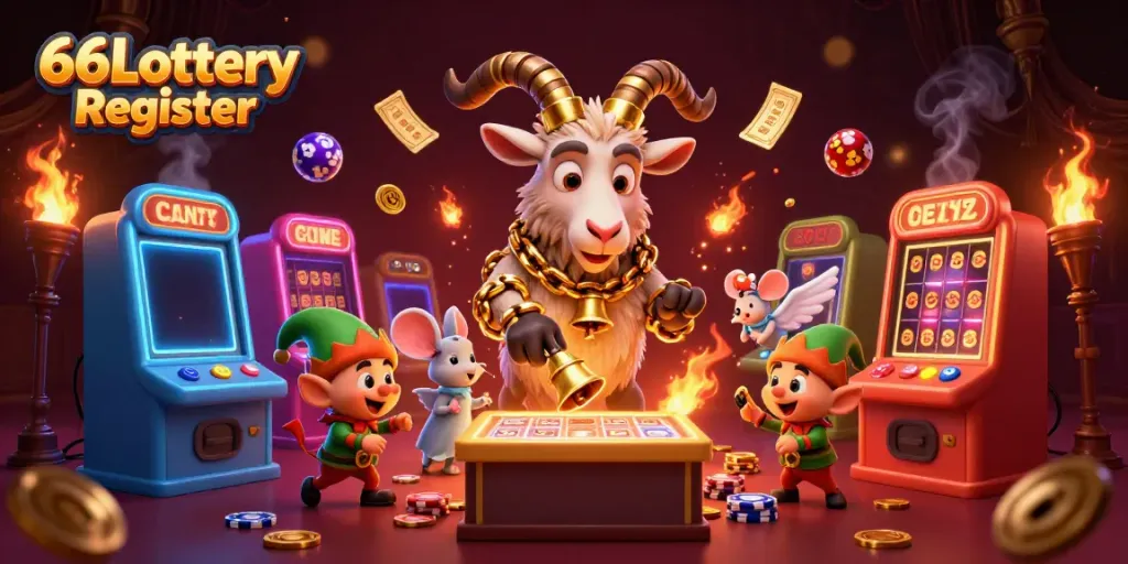 Engaging scene highlighting 66Lottery Register, showcasing Krampus in a lottery casino with lively characters.