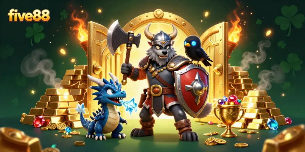 Experience thrilling gameplay at five88 with vibrant 3D characters and dazzling treasures in an online casino setting.