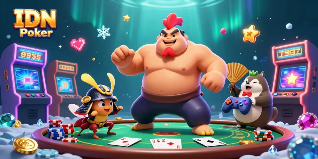 IDN Poker scene featuring a powerful rooster sumo wrestler, cricket warrior, and tanuki announcer amidst rich casino elements