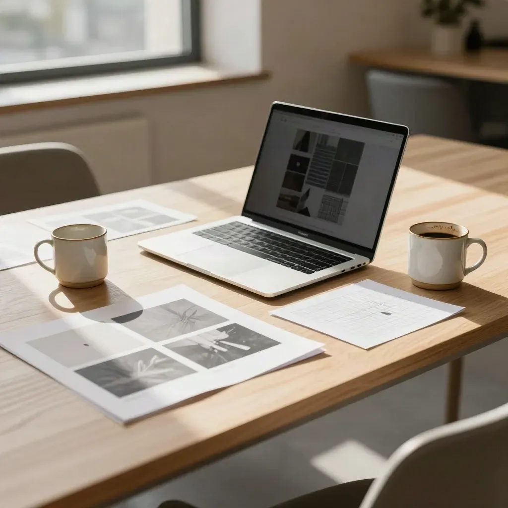 Laptop, layout mockups, mug and sketch in a sunlit coworking lounge