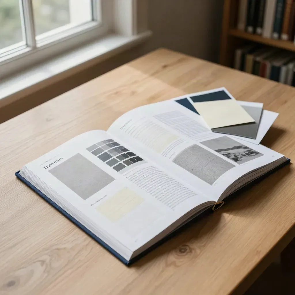 Overhead brand guide booklet with swatches and tabs by a library window