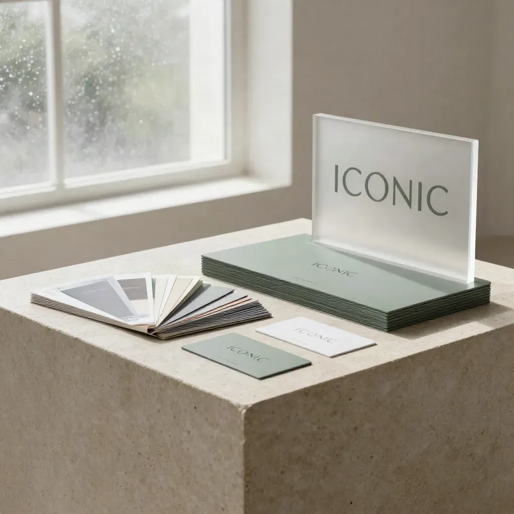 Identity launch kit with boards, swatches, and embossed cards on a stone plinth