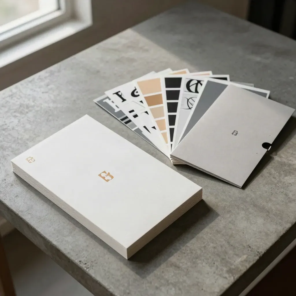 Top-down founders brand kit on concrete with swatches, type cards and an open folder