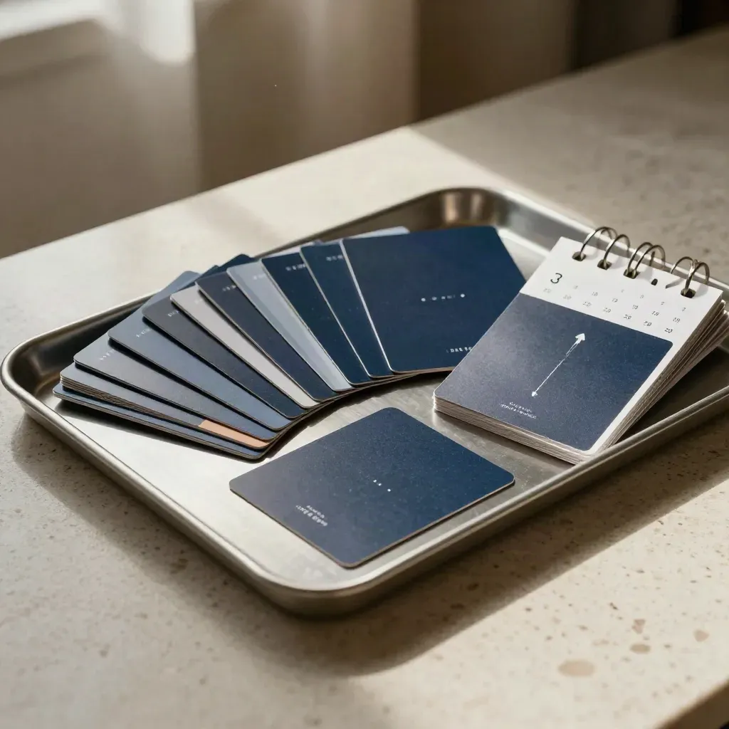 Overhead tray of social template cards and ring-bound deck on travertine in warm studio light.