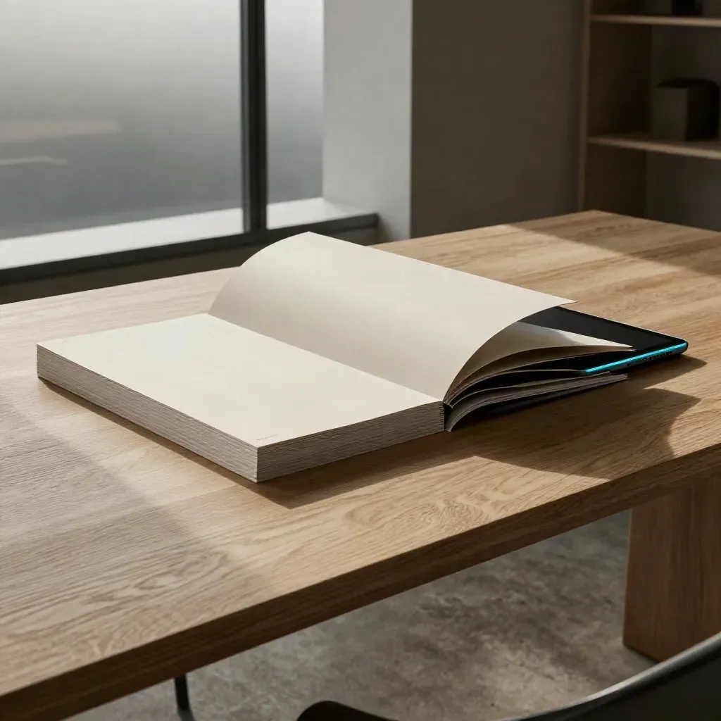 Glass meeting nook with slide boards and a tablet in dramatic window light.
