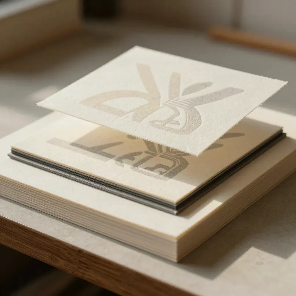 Macro of layered logo proof tiles on cotton paper with a lifted top sheet and graphite clip.