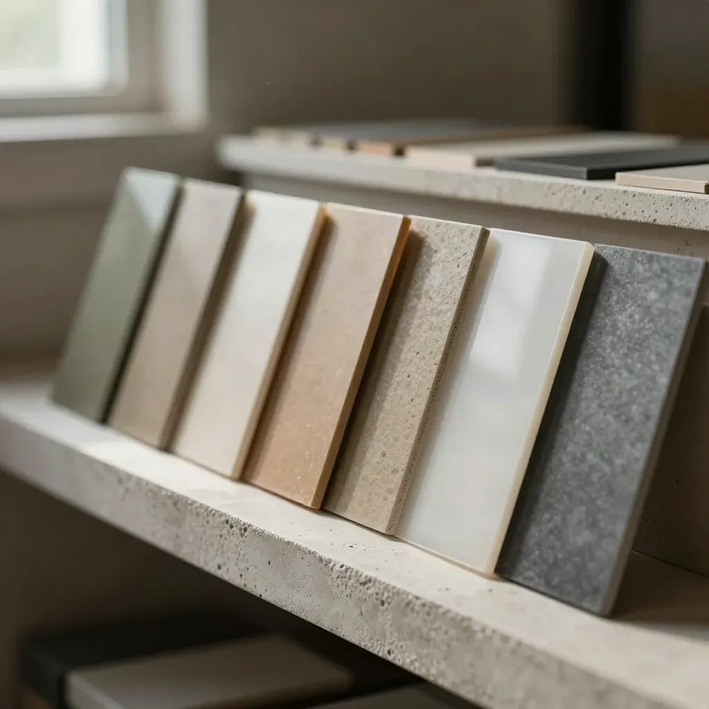 Sample chips and translucent swatches arranged in a tonal sequence on a plaster shelf.