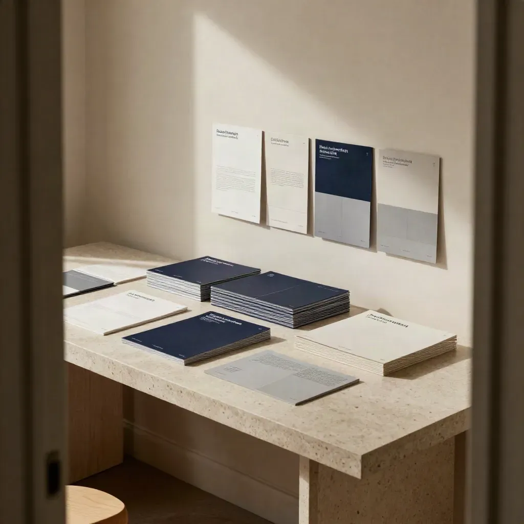 Identity boards, navy deck covers, and angled screens on a travertine studio table.