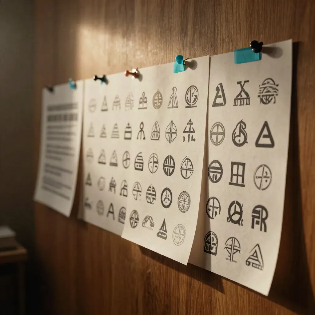 Logo mark proofs pinned in a print room wall grid with cyan accents and warm dust-lit light