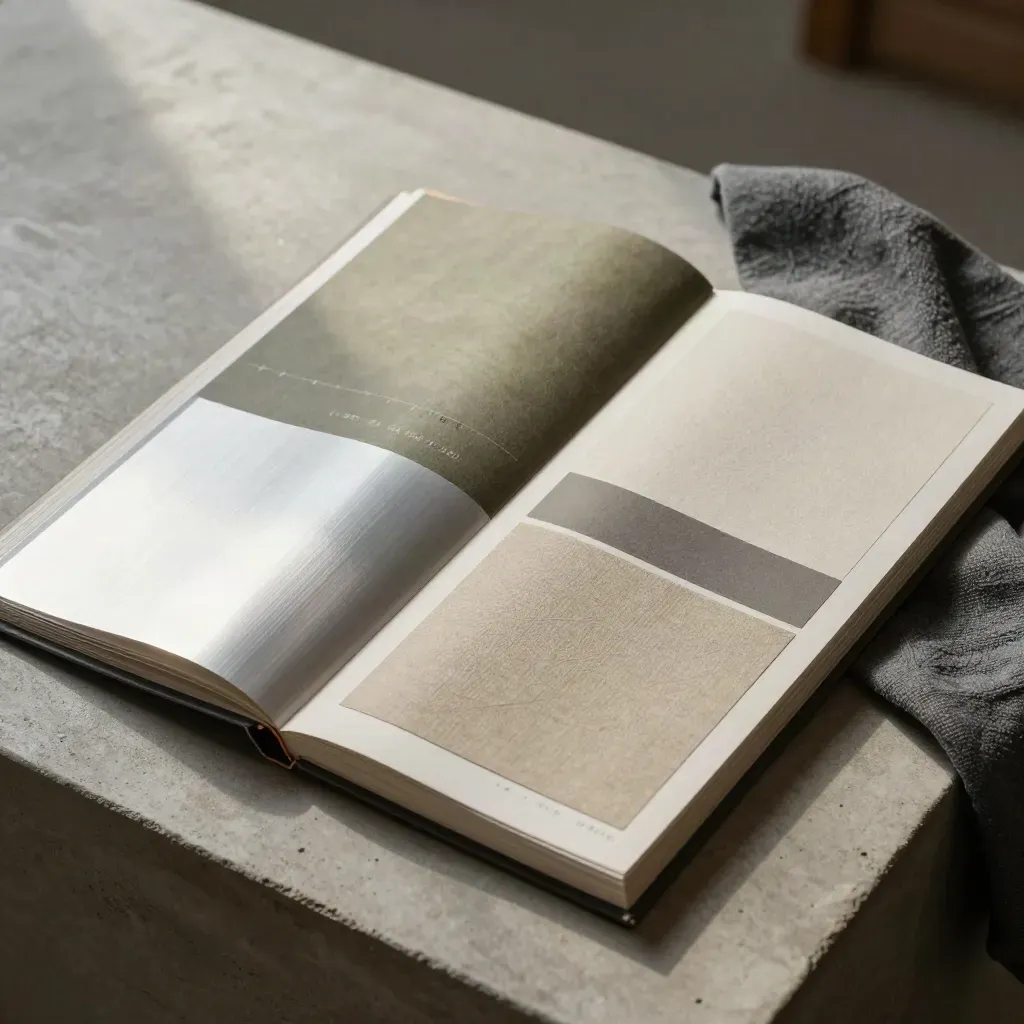 Top-down type specimen boards with linen samples and a folded cloth on concrete