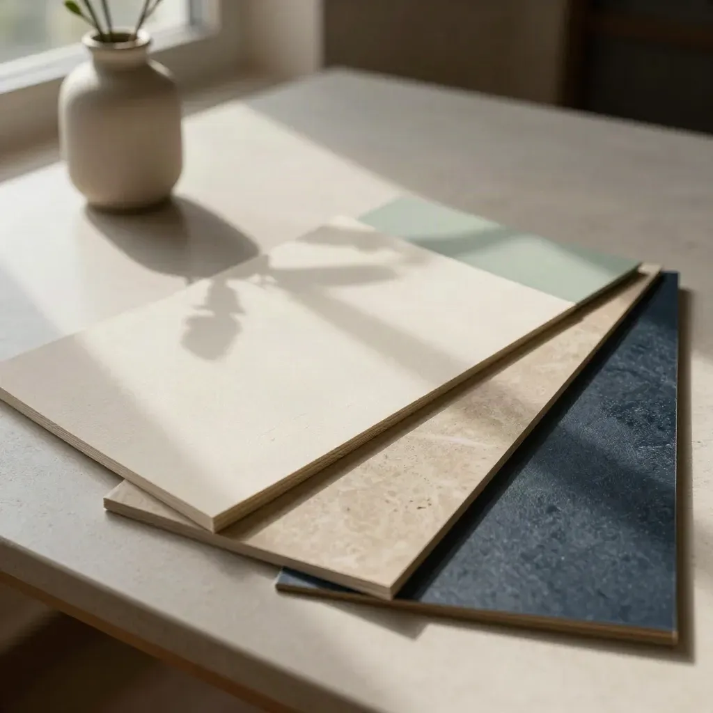 Fanned brand color swatches with a small plant cutting on a pale table in soft daylight.