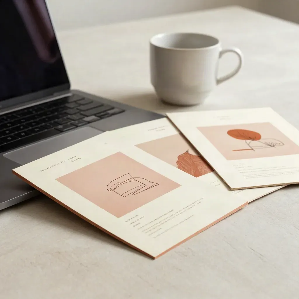 Homepage block mockups and a dark laptop on a pale surface, caught mid-reorder beside a ceramic cup.