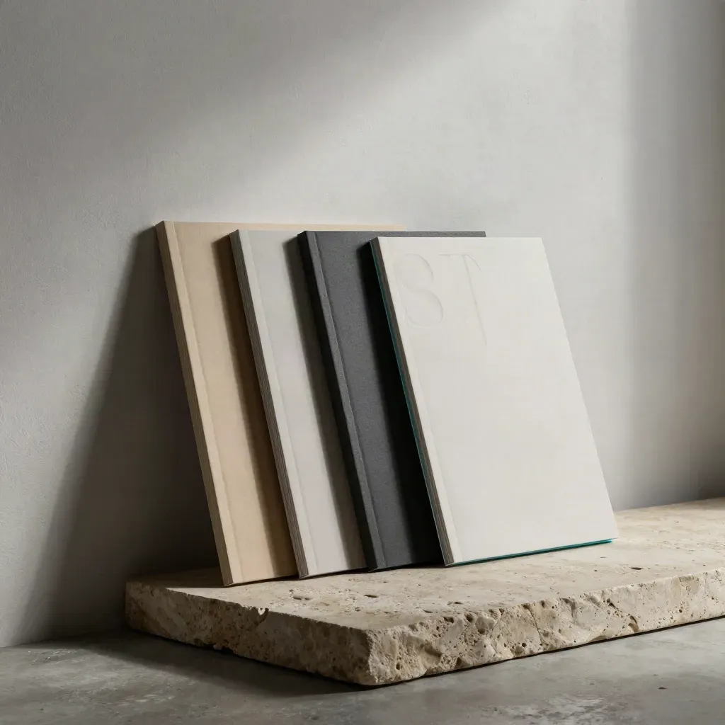 Stepped presentation cover mockups lean against a frosted wall beside stone and folded boards.