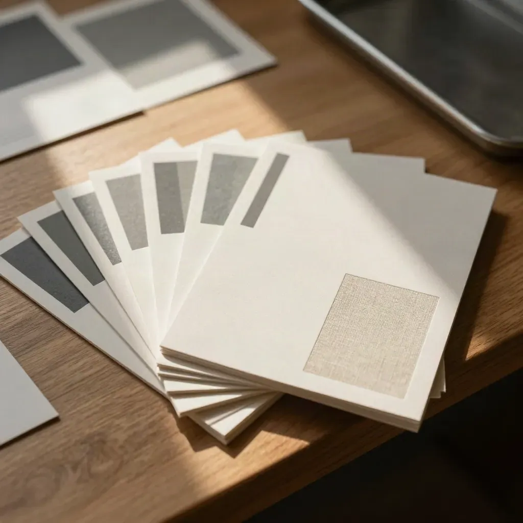 Fanned social post mockups with linen cloth and graphite tabs on a warm studio workbench.