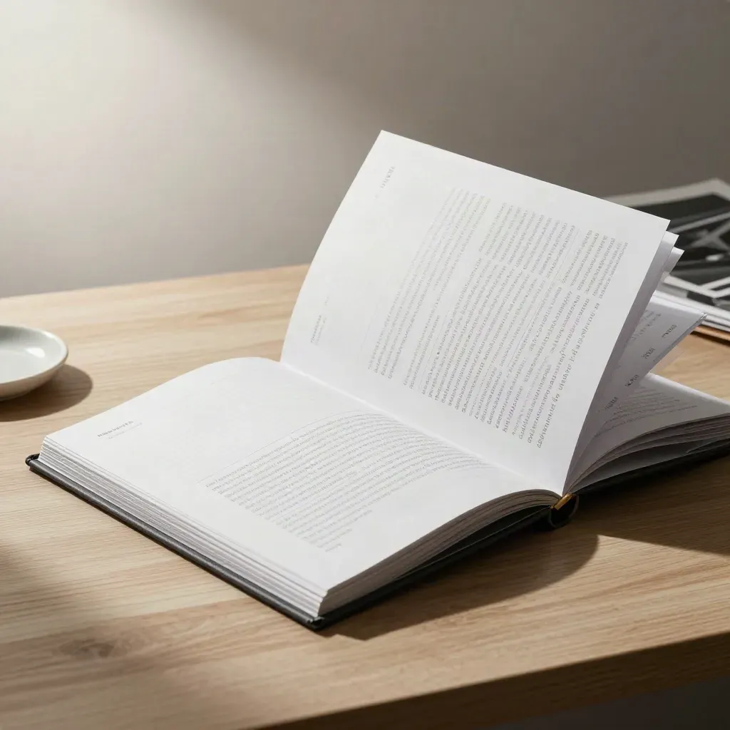 Open style guide binder with tabs, sample sheets, and ceramic dish on a bright studio desk.