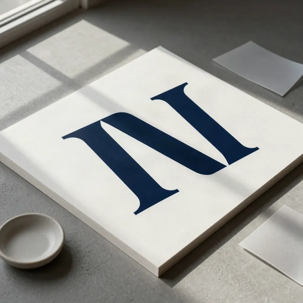 Top-down flatlay of a split acrylic logo proof, paper offcuts, and a tiny ceramic dish on plaster.