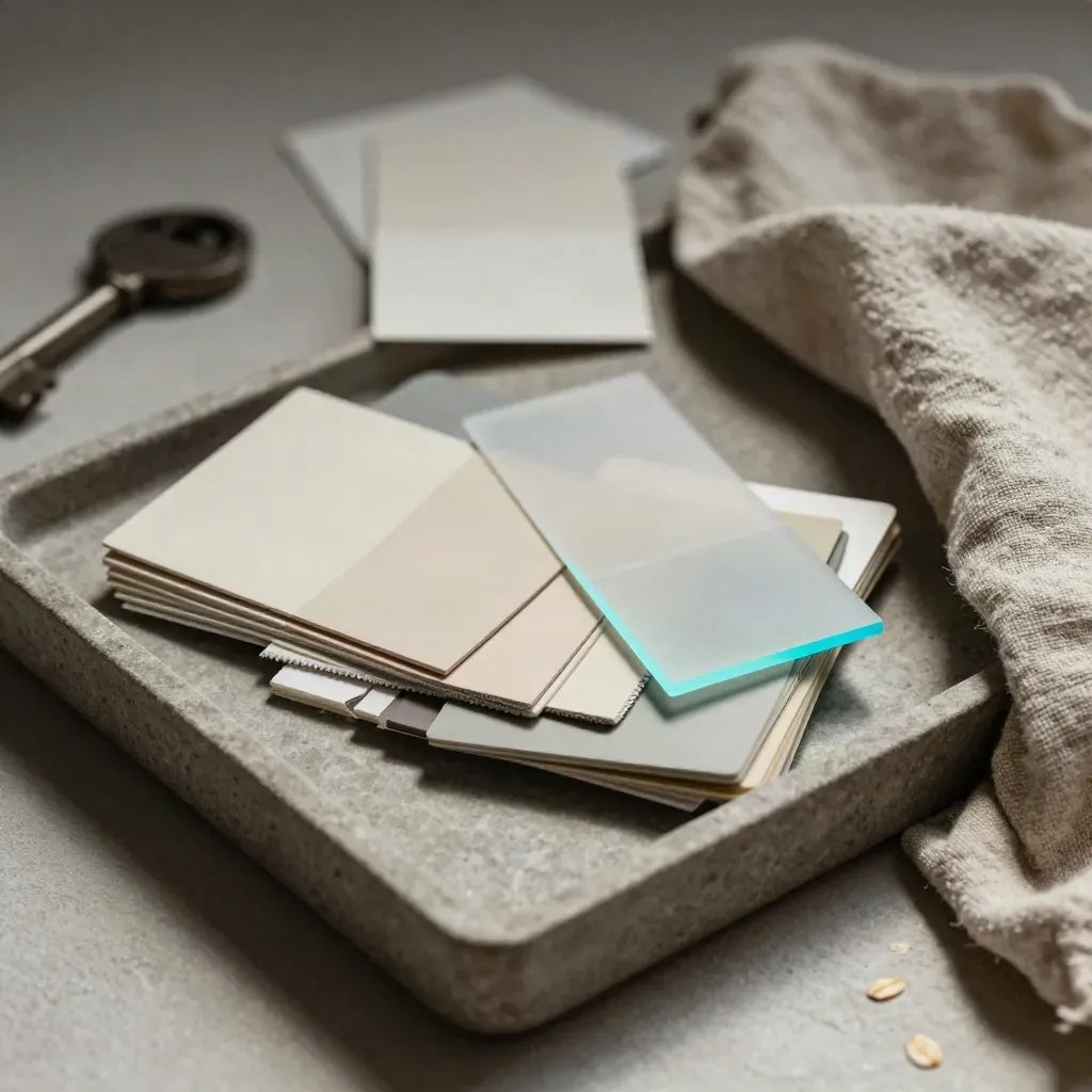 Neutral color chips, frosted swatches, and linen cloth on a stone tray with cyan accent.