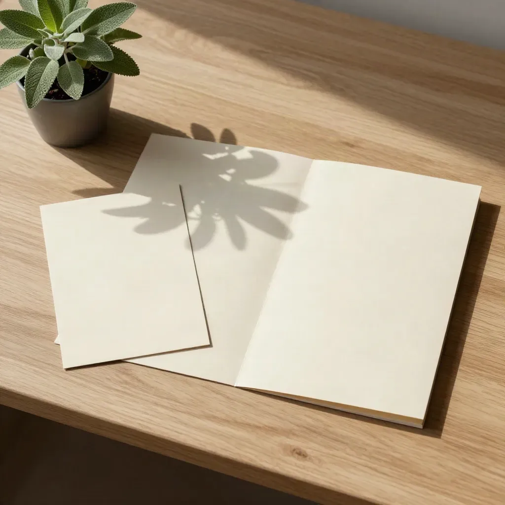 Overhead site-page mockups, cream folder and potted plant on pale wood desk