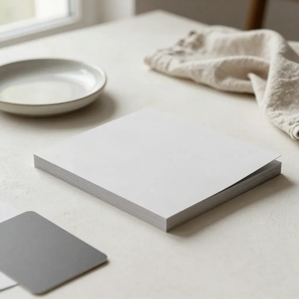 Minimal presentation cover mockup with folded cards, ceramic dish, and linen napkin on plaster