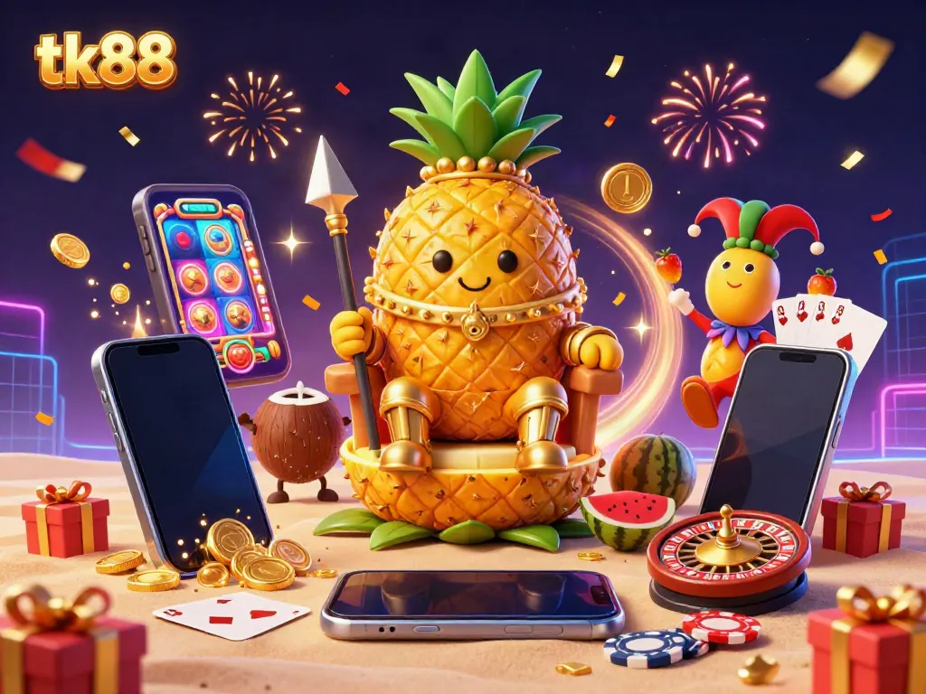 Experience vibrant gameplay at tk88 with a 3D golden pineapple king and exciting casino elements.