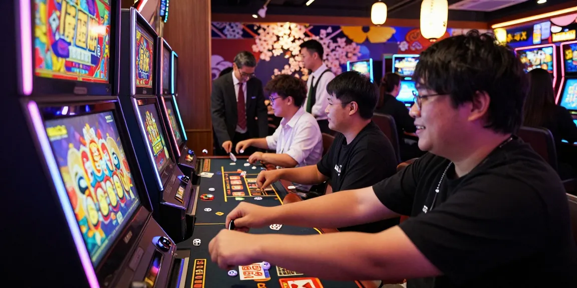 Exciting slot jepang gaming scene in a lively casino atmosphere with colorful lights and Japanese-themed decor.