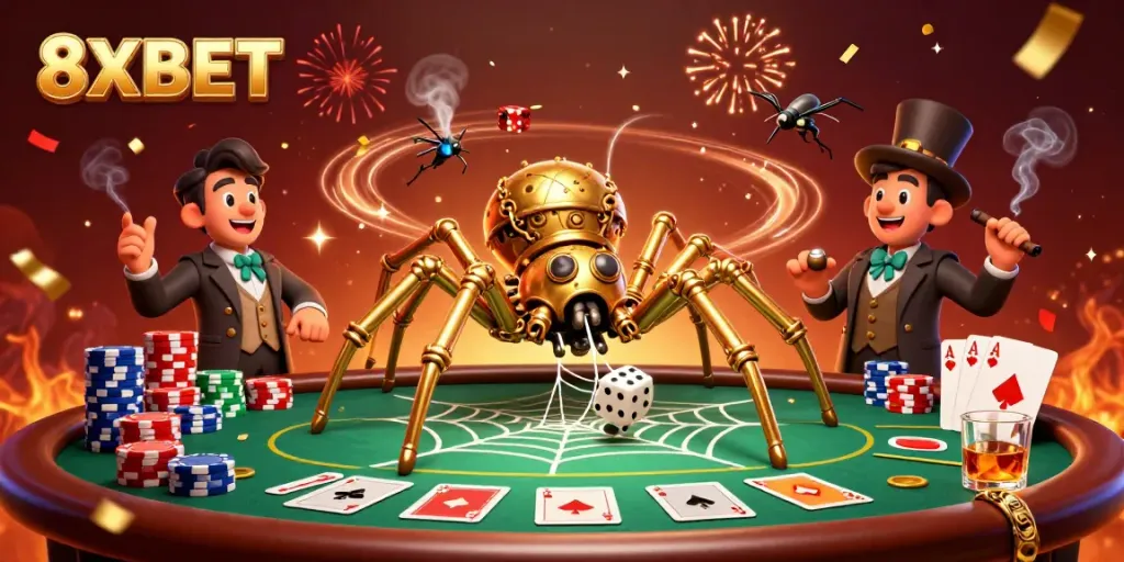 Engage with 8XBET's vibrant casino atmosphere featuring a golden spider and poker elements.