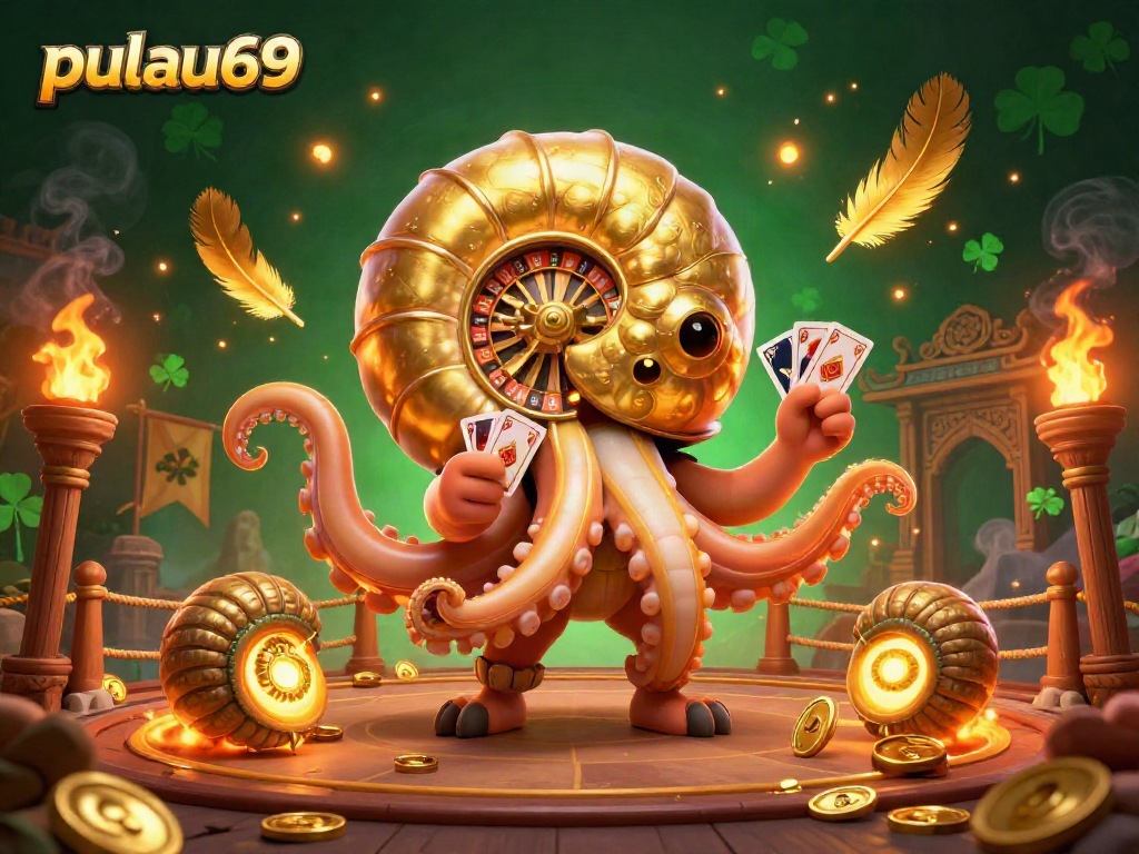 Experience pulau69's excitement with a vibrant 3D casino scene featuring a roulette wheel and cosmic elements.