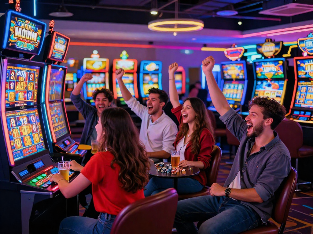 Players celebrating a massive slot jackpot win at a vibrant casino, showcasing excitement and dynamic atmosphere.