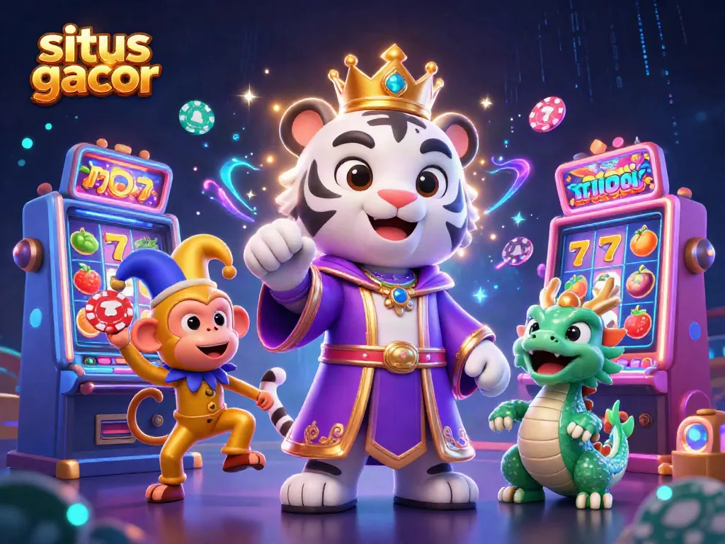 Engage with situs gacor through vibrant slot cartoon characters celebrating around casino games.
