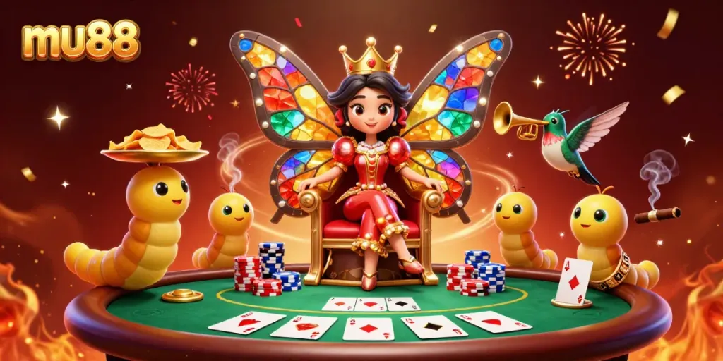 Experience the vibrant magic of mu88's gaming world with a dazzling butterfly queen at the poker table.